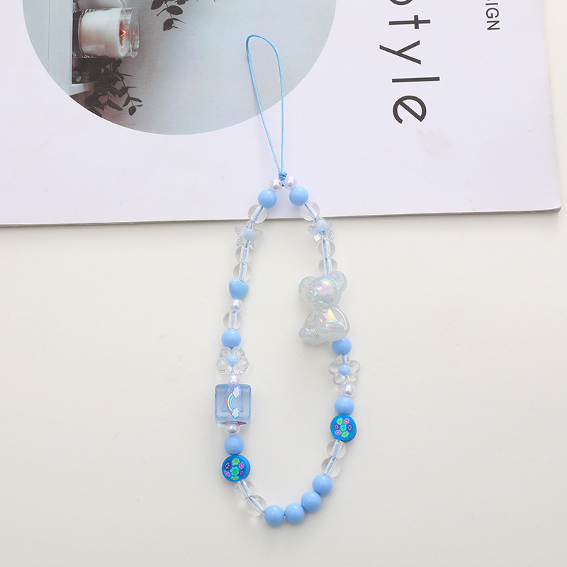 New Candy Color Cartoon Bear Mobile Phone Chain Diy Mobile Phone Case Hanging Chain Lanyard Square Plaid Electroplated Mobile Phone Chain