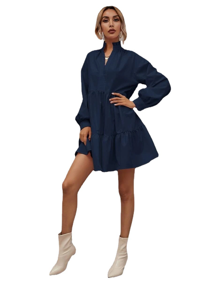 2023 European and American Amazon Spring and Autumn New Women's Pleated Dress Solid Color V-neck Lantern Long Sleeve Dress for Women