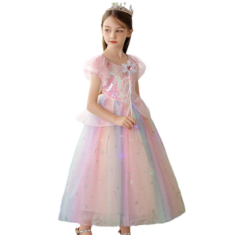 2025 New Summer Princess Aisha Dress Pink Colorful Short Sleeve Children's dress Girls Performance Dress