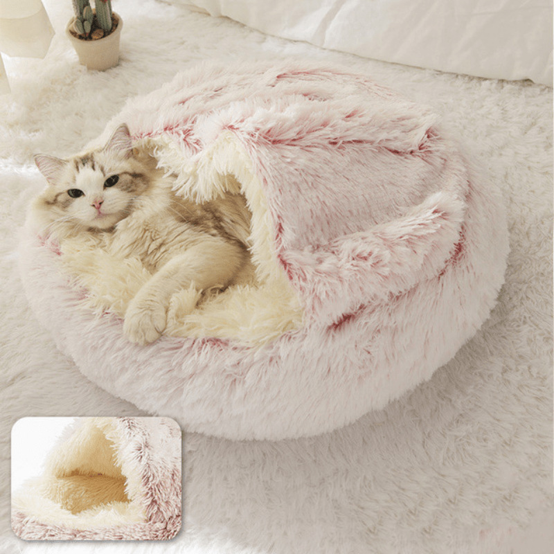 四季通用の猫の巣の貝殻の巣の長いぬいぐるみの半閉鎖の半分は蓋のペットの巣の保温の深い睡眠の猫のベッドを囲んでいます。|undefined