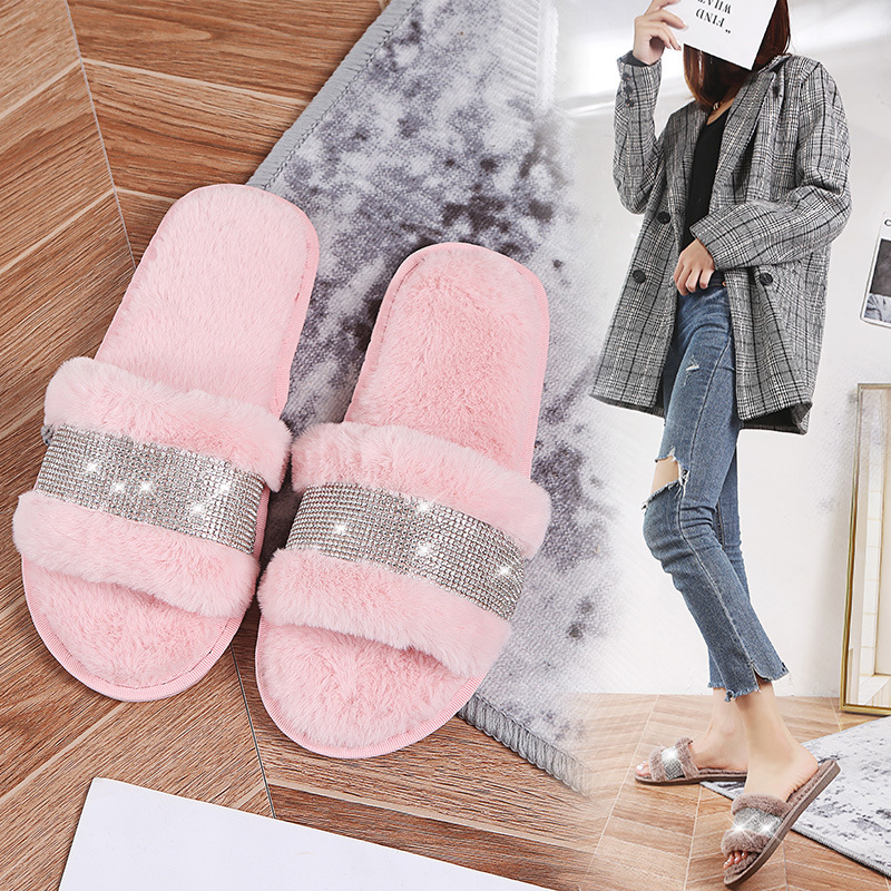 New Korean version of rhinestone strip open Mao Mao slippers women's home non-slip warm cotton slippers women's manufacturers direct supply cross-border