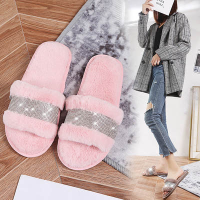 New Korean version of rhinestone strip open Mao Mao slippers women's home non-slip warm cotton slippers women's manufacturers direct supply cross-border