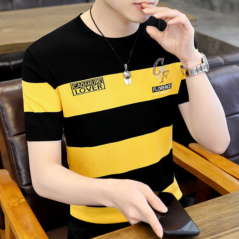 2024 Striped Knitted Short-sleeved T-shirt Men's Thin Fashionable Summer Clothing Ice-sensitive T-shirt Half-sleeved Ice Silk Top for Hair