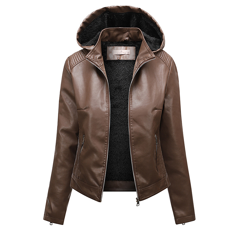 6XL Cross-border Hooded Fleece-lined Leather Jacket Women's Wear Removable Large Size Leather Jacket Women's Spring and Autumn Coat Women's PU Washable Leather