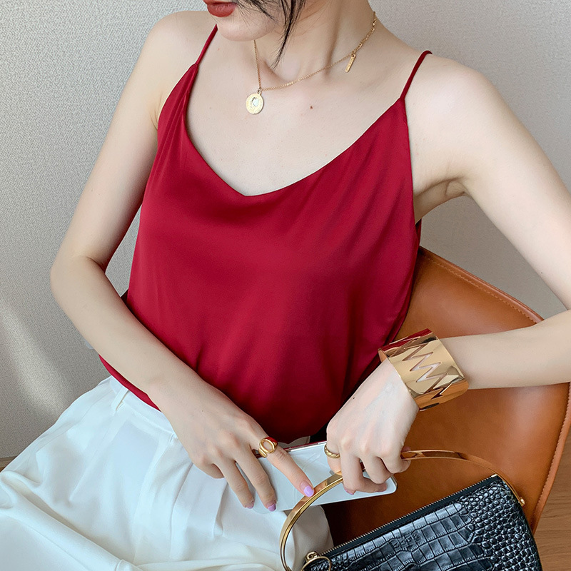 Red Silk Satin Camisole Women's Spring and Autumn Life Year Suit Loose Belly Covering Silk Top Trendy