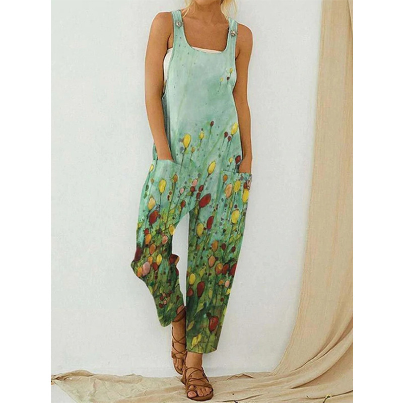 2023 Cross-border Amazon Summer New Women's Foreign Trade Retro Abstract Printed Women's Strap Large Size Jumpsuit