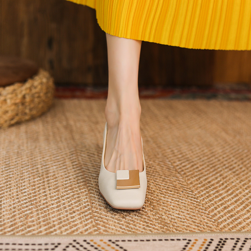 Thick heel single-layer shoes women's summer 2023 new all-match square toe mother shoes mid-heel elegant high heels professional leather shoes