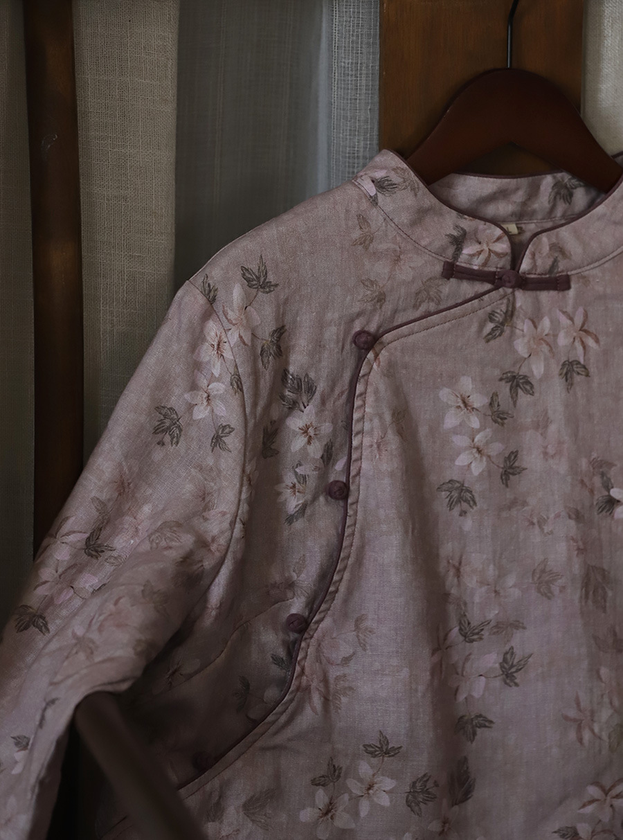 S5929 Neues, schräges Knopfleisten-Leinen-Digitaldruck-Kontrast-Zen-personalisiertes Samtoberteil im chinesischen Stil_voghion.com