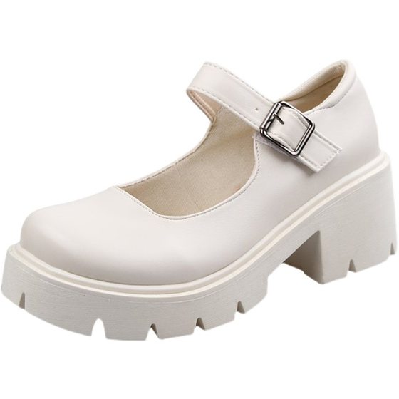 Thick Bottom White Round Toe Mary Jane Shoes Women's Spring 2022 Retro Mid-High Heel Japanese jk Small Leather Shoes British Style