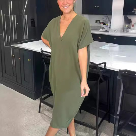 2024 spring and summer new European and American Foreign trade Women's V-neck short sleeve Ice Silk dress cross-border solid color casual midi dress