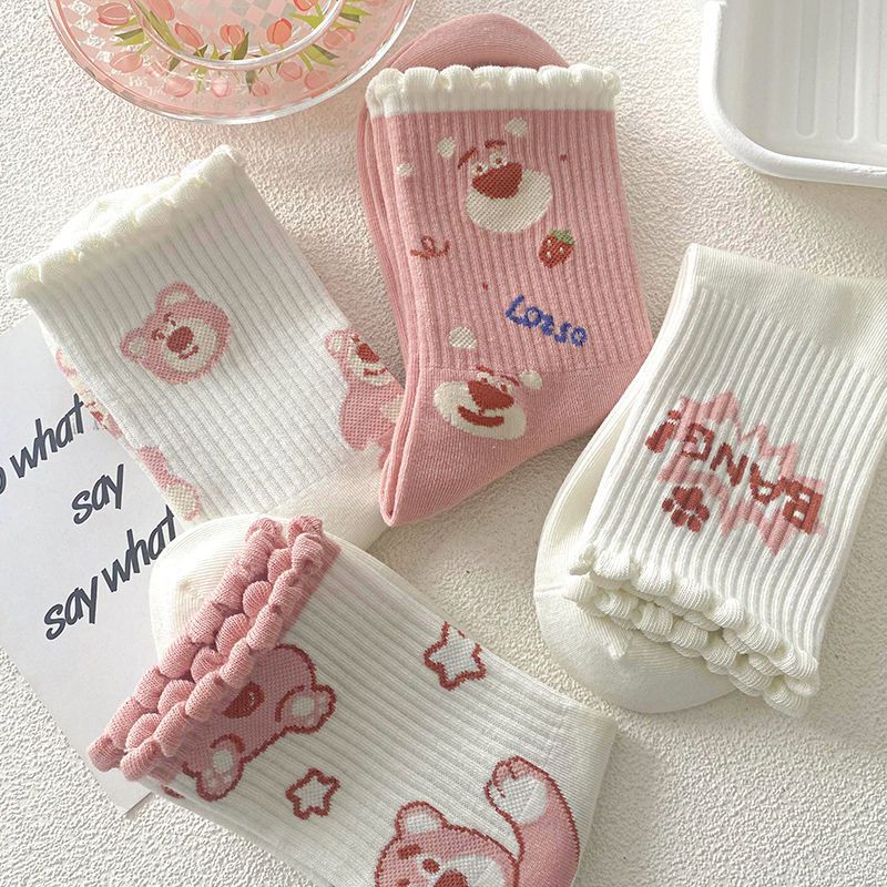 Pink socks women's mid-calf ins fashionable all-matching autumn and winter South Korea cute bear sweet all-matching student sports stockings
