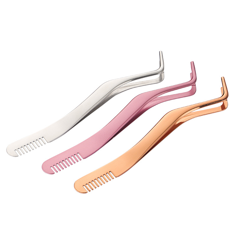 Stainless Steel Eyelash Tweezers with Comb Clip Helper Beauty Tools Eyelash Curler Grafting Tweezers with Comb False Eyelash