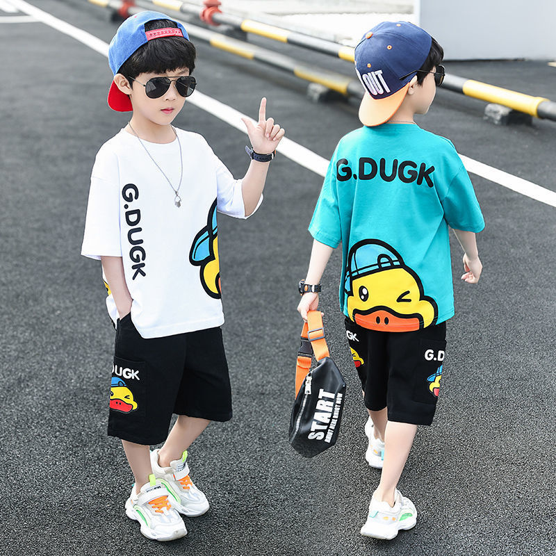 Boys' summer sports suit 2024 new children's short-sleeved summer boys' performance little yellow duck cartoon clothes