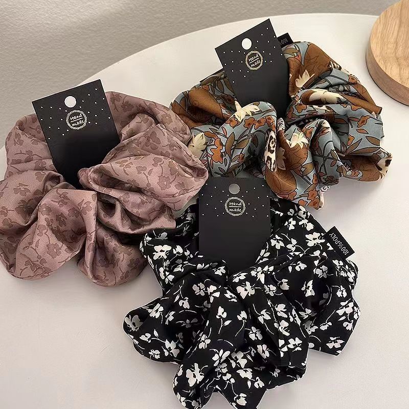 Korean Style Summer New Floral Bowel Ring French Grey Pink Printed Hair Ring High-grade Satin Net Red Hair Rope for Women