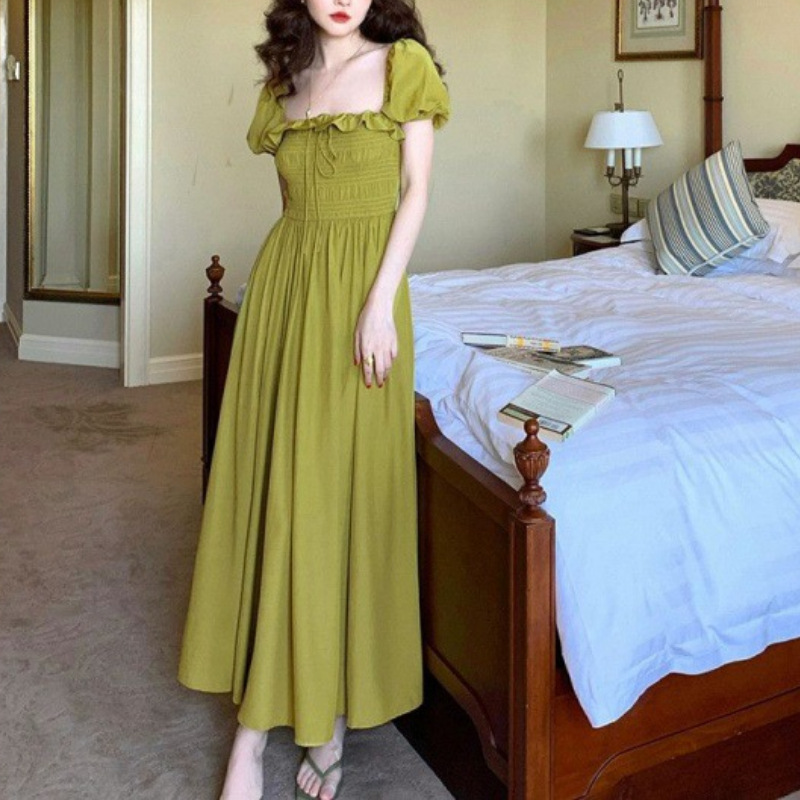 Wine noon homemade retro temperament age-reducing waist-slimming design long skirt trendy style retro square collar short sleeve dress