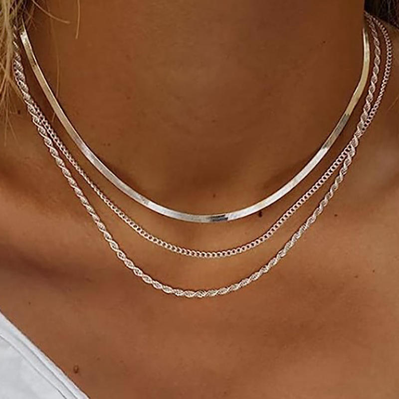 fashion three-layer stacked basic chain snake bone chain twist chain hot selling simple personalized necklace_voghion.com