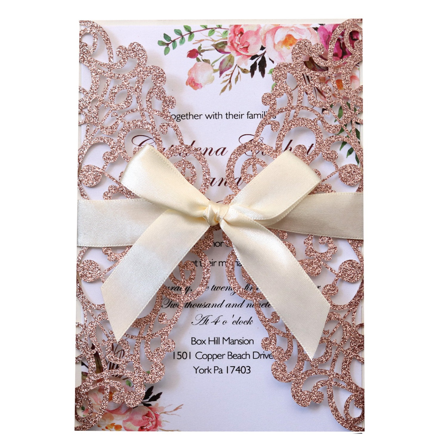 In stock Amazon glitter paper silver invitation powder Apple golden card laser hollow engagement invitation card