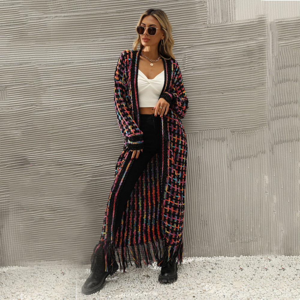 2024 winter new European and American foreign trade plus size tassel long cardigan coat sweater cross-border explosions women's wholesale