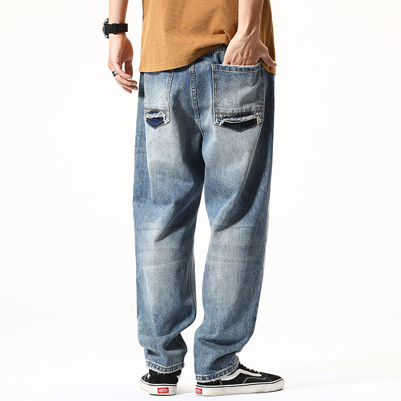 American Retro Ripped Jeans Men's Loose Straight Casual Pants Trendy Brand Patch Nine-point Torre Pants Large Size Men