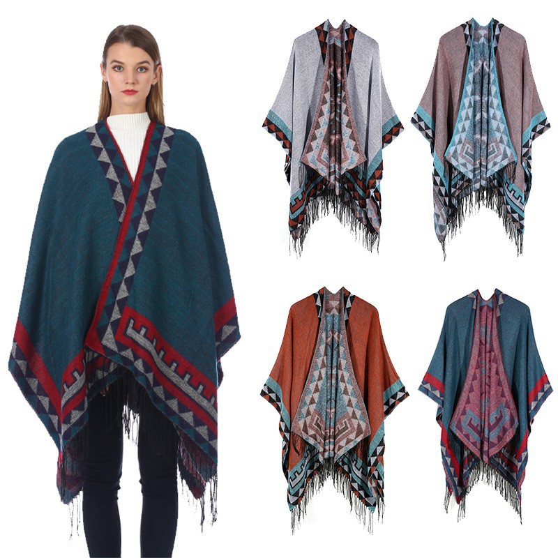 European and American Ethnic Style Triangle Tassel Lengthened Shawl Outer Decoration Women's Office and Home Dual-Use Cloak