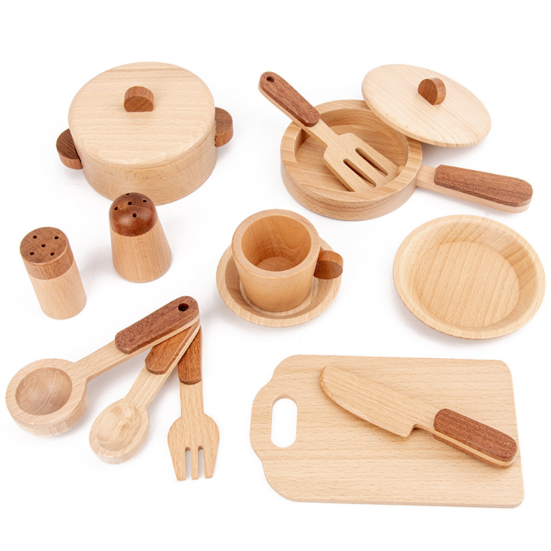 Children's Play House fruit and vegetable cutting kitchen toy set small boys and girls original wooden pot and Bowl simulation kitchenware set