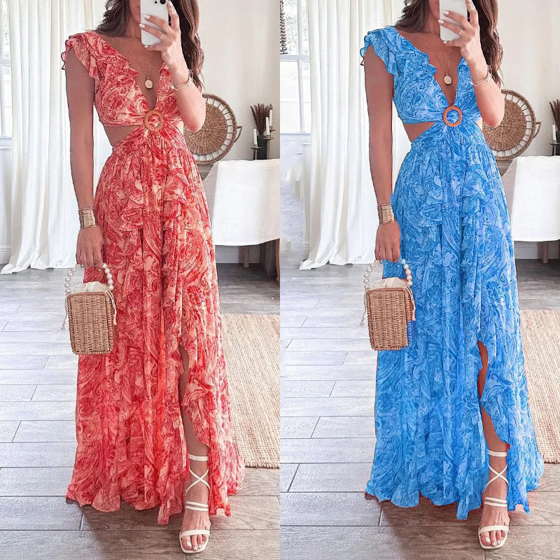 European and American Women's 2024 Cross-border Amazon Summer New Printed Deep V Sexy Waist Long Pleated Dress
