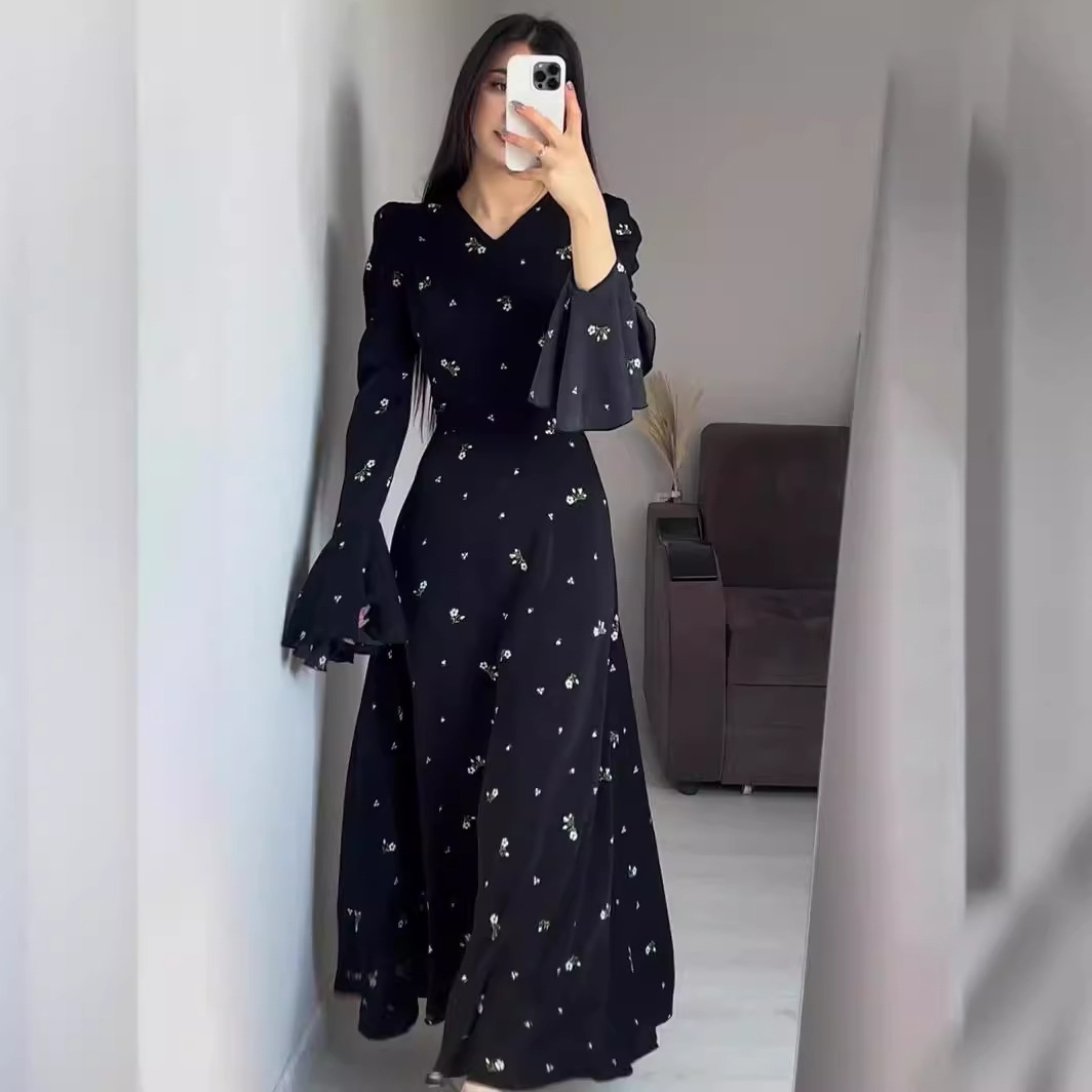 Middle East Amazon 2024 Spring New Lotus Leaf Sleeve Waist Floral Gentle Style Dress