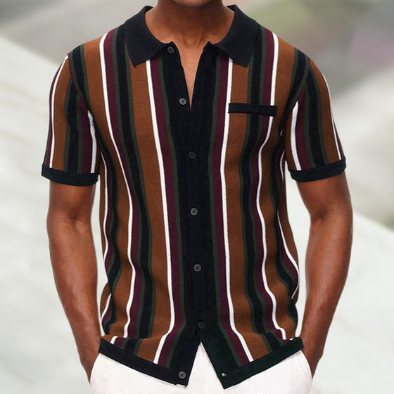 Amazon New Men's Summer Cardigan Knitted T-shirt Short Sleeve Lapel Striped Casual Polo Shirt Men SY0110