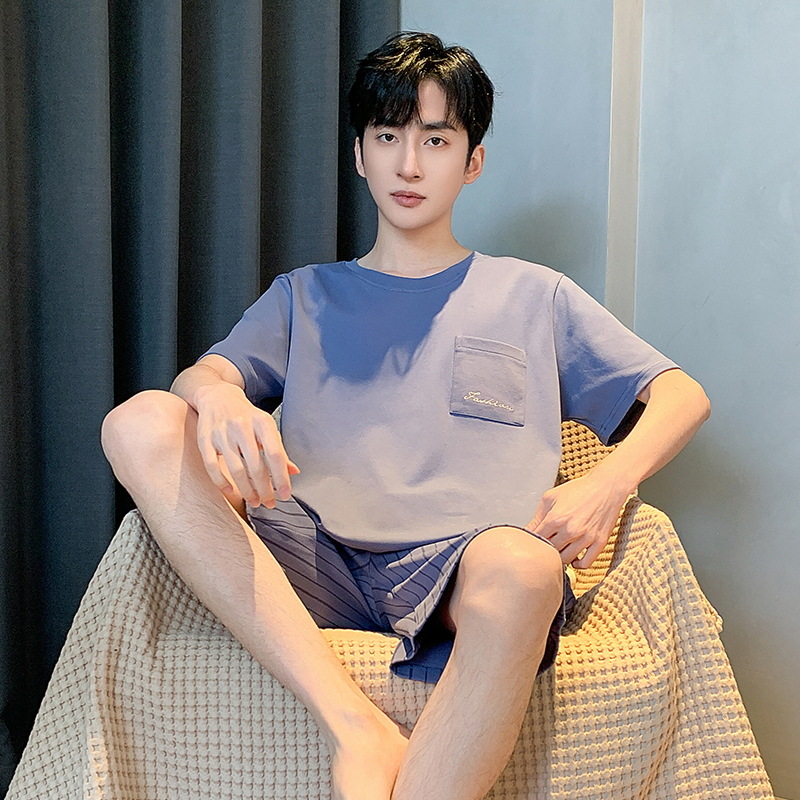 Summer Men's Home Wear Short-sleeved Shorts Pajamas Suit Thin Cool Breathable Casual Comfortable Outside Wearing at Home