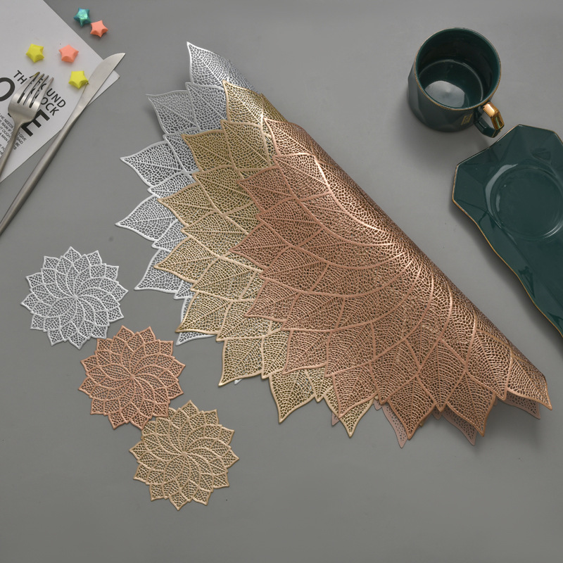 Rotating leaf insulated placemat Nordic style PVC hot stamping hollow leaf Western dining table mat high-end hotel restaurant mat