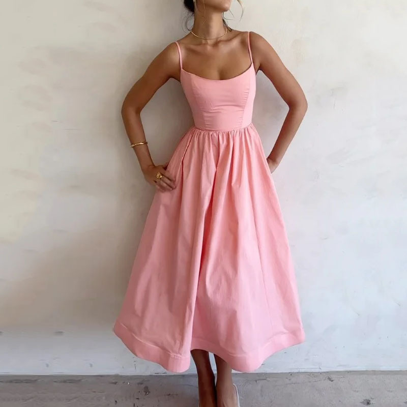 European and American Women's New 2025 Spring dress Solid Color Sexy U-Collar Waisted Pleated Sling dress
