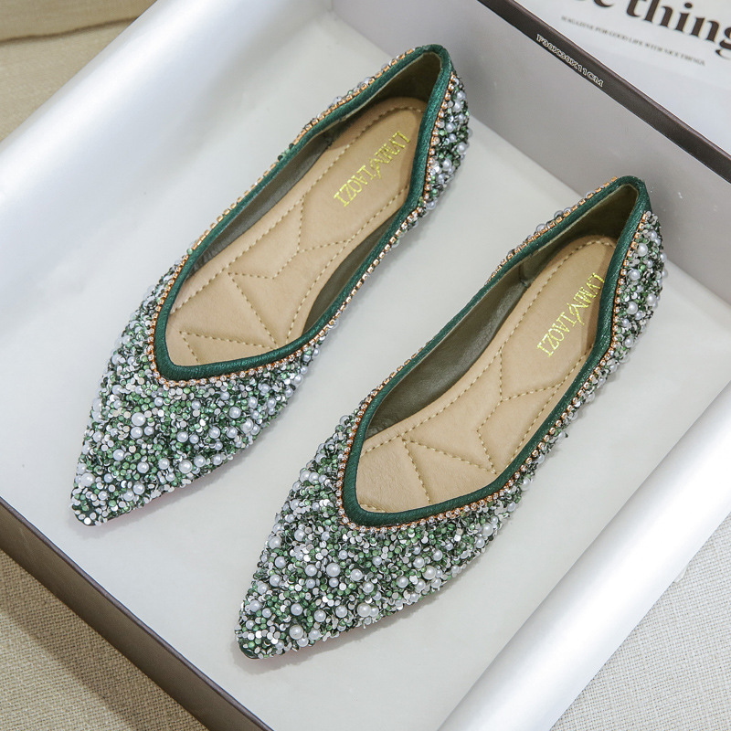 Pointed Shoes Women's 2023 New Spring and Autumn Shallow Mouth Rhinestone Pearl Soft Bottom Ladyshoes Flat Large Size 41-43 Boat Shoes