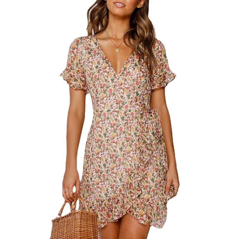 2022 Summer Hot Sale wish Amazon Explosions European and American Printed V-Neck Lace-Up High Waist Chiffon Floral Dress
