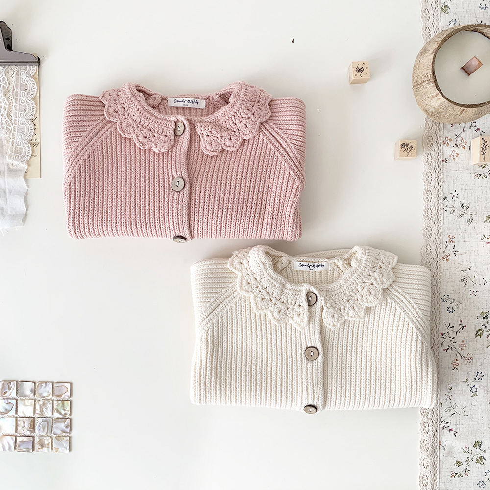 Cutemily autumn and winter cross-border baby girl hand hook lotus leaf collar cardigan baby girl thick vintage sweater coat