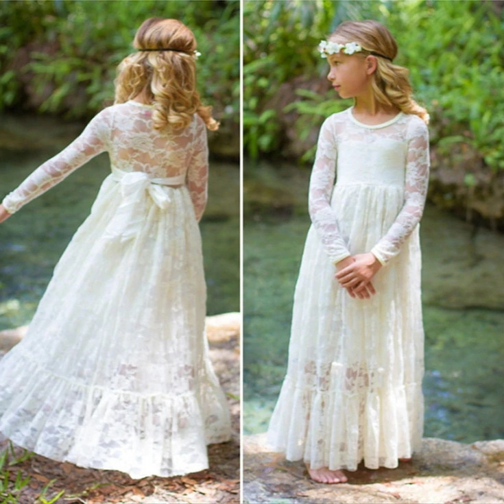 High-end long-sleeved embroidered lace dress girls' princess dress European and American children's dress lace Hollow children's dress