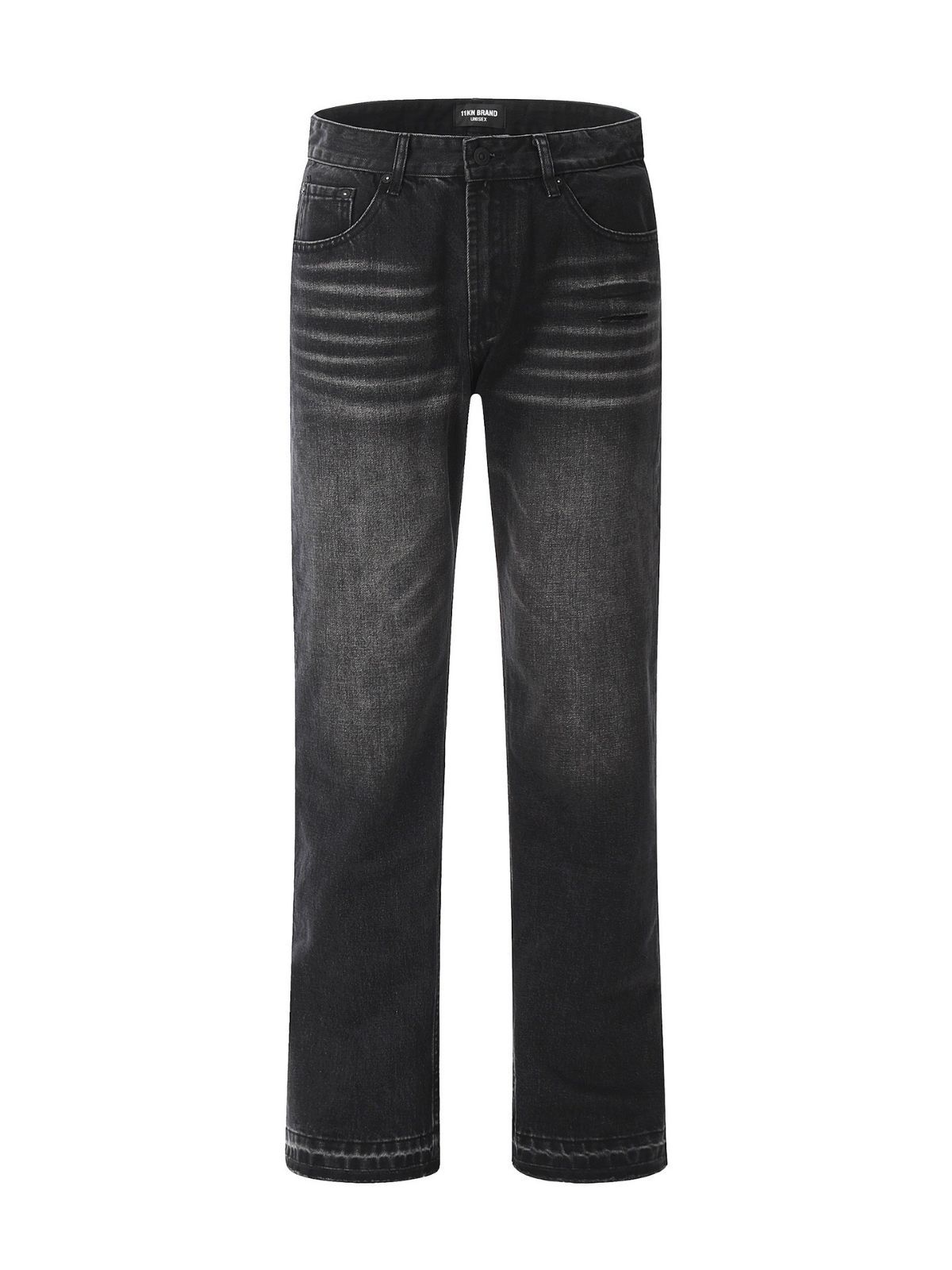 Black and gray washed distressed cat beard straight skinny jeans for men