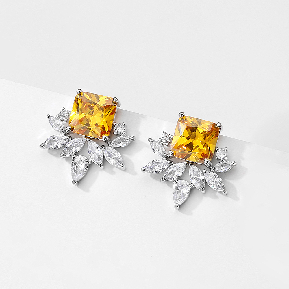 RAKOL Korean Style Elegance Luxury Internet Celebrity Live Broadcast Yellow Diamond Earrings Women's Delicate Micro-Encrusted Geometric Square Zircon Ear Studs 