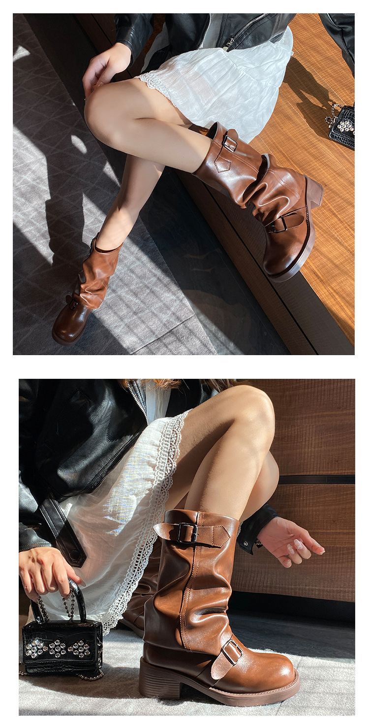 Stivali con fibbia a cintura e plissettati in pile per donna 2023 nuovi stivali retrò con tacco spesso e plateau a metà polpaccio stivali da sigaretta alla moda di strada_voghion.com