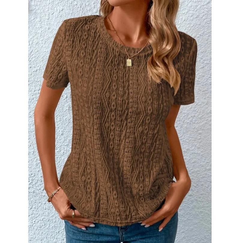 Amazon 2023 European and American Foreign Trade Cross-border Women's Summer Comfortable and Fresh and Sweet Round Neck Hollow Short-sleeved T-shirt for Women