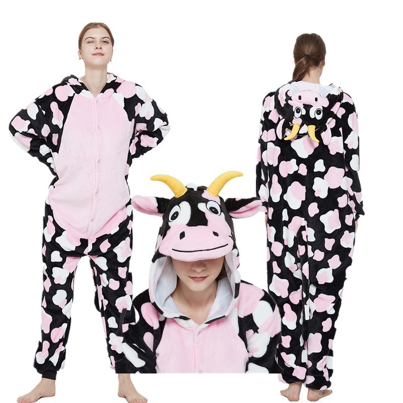 Powder cow new pajamas flannel cartoon animal conjoined pajamas couples performance funny home clothes mixed batch