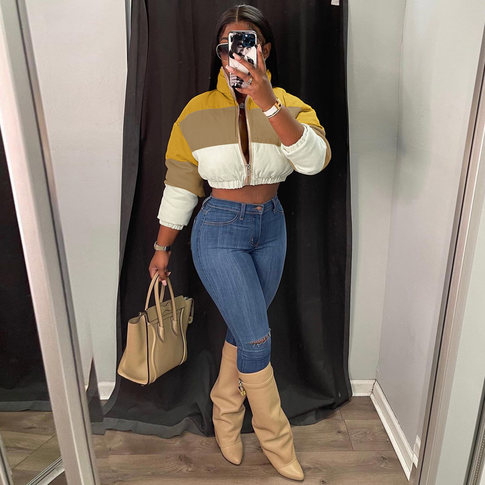 10065 European and American women's cross-border supply winter New color matching cotton clothing