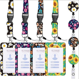 AMAZON Hot Selling Flower Printed Mobile Phone Hanging Chain Wrist Lanyard Key Pendant Telescopic Keychain Card Holder