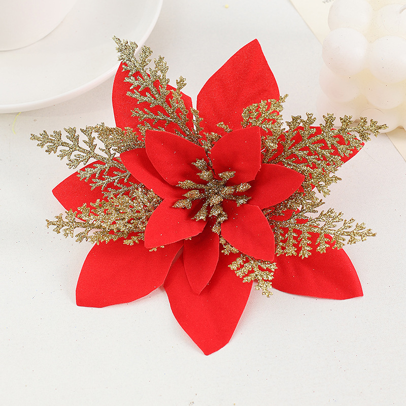 クロスボーダーのクリスマスの金色の二重のスパンコールのシミュレーションの花の金粉の花のクリスマスの装飾の部品のメーカーの卸売り|undefined