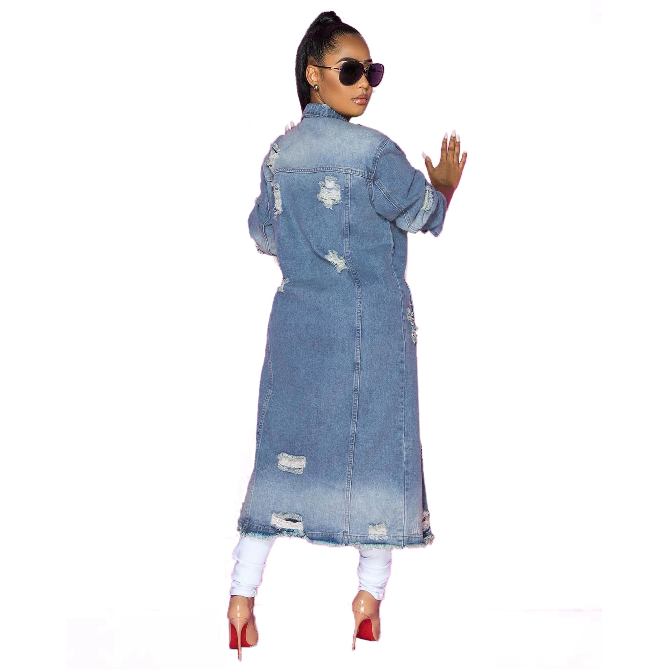 6083 Amazon supply European and American fashion women's ripped long sleeve denim trench coat cardigan denim cape