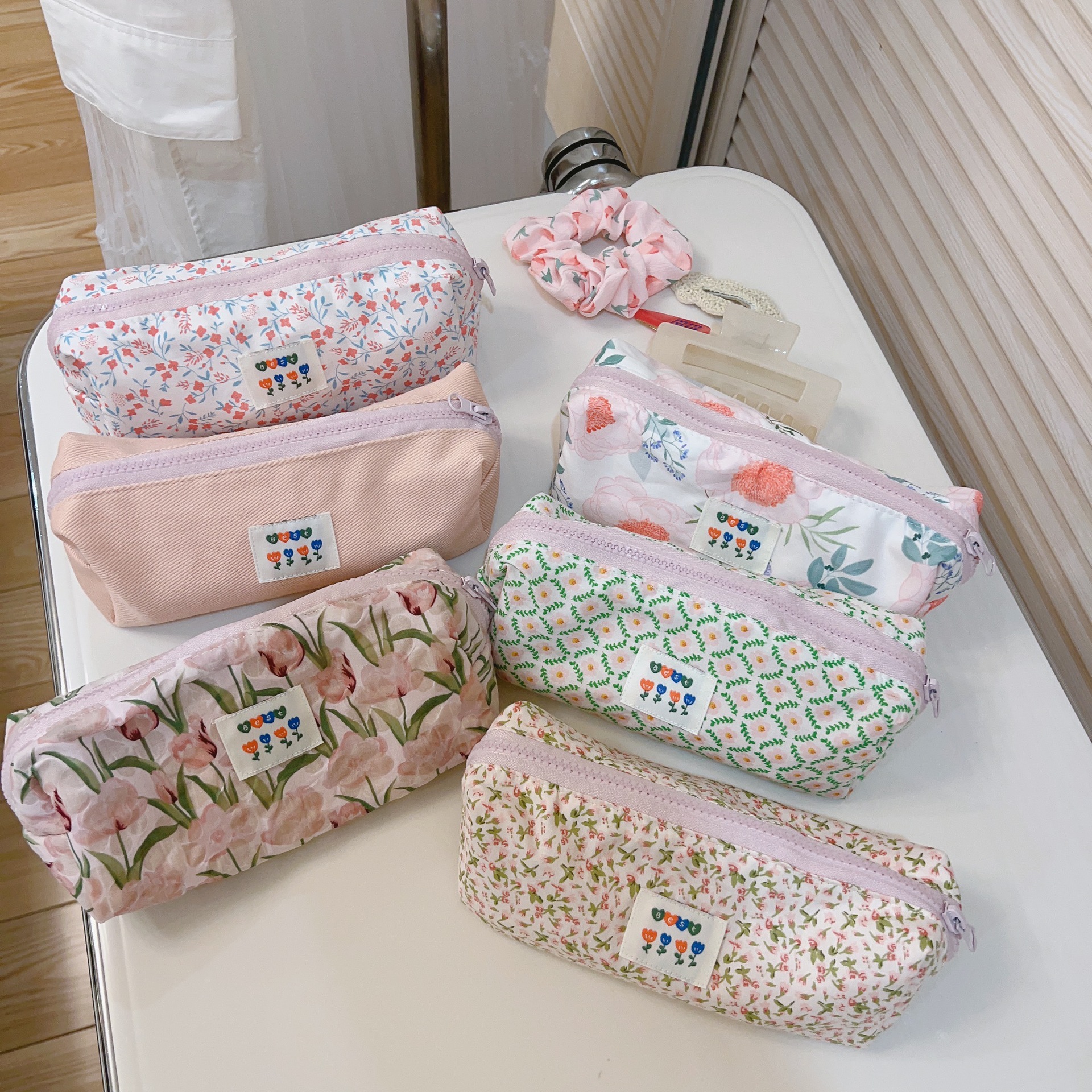 [Suxi cloth bag] Fresh pink floral pencil case stationery storage cotton bag long cosmetic bag