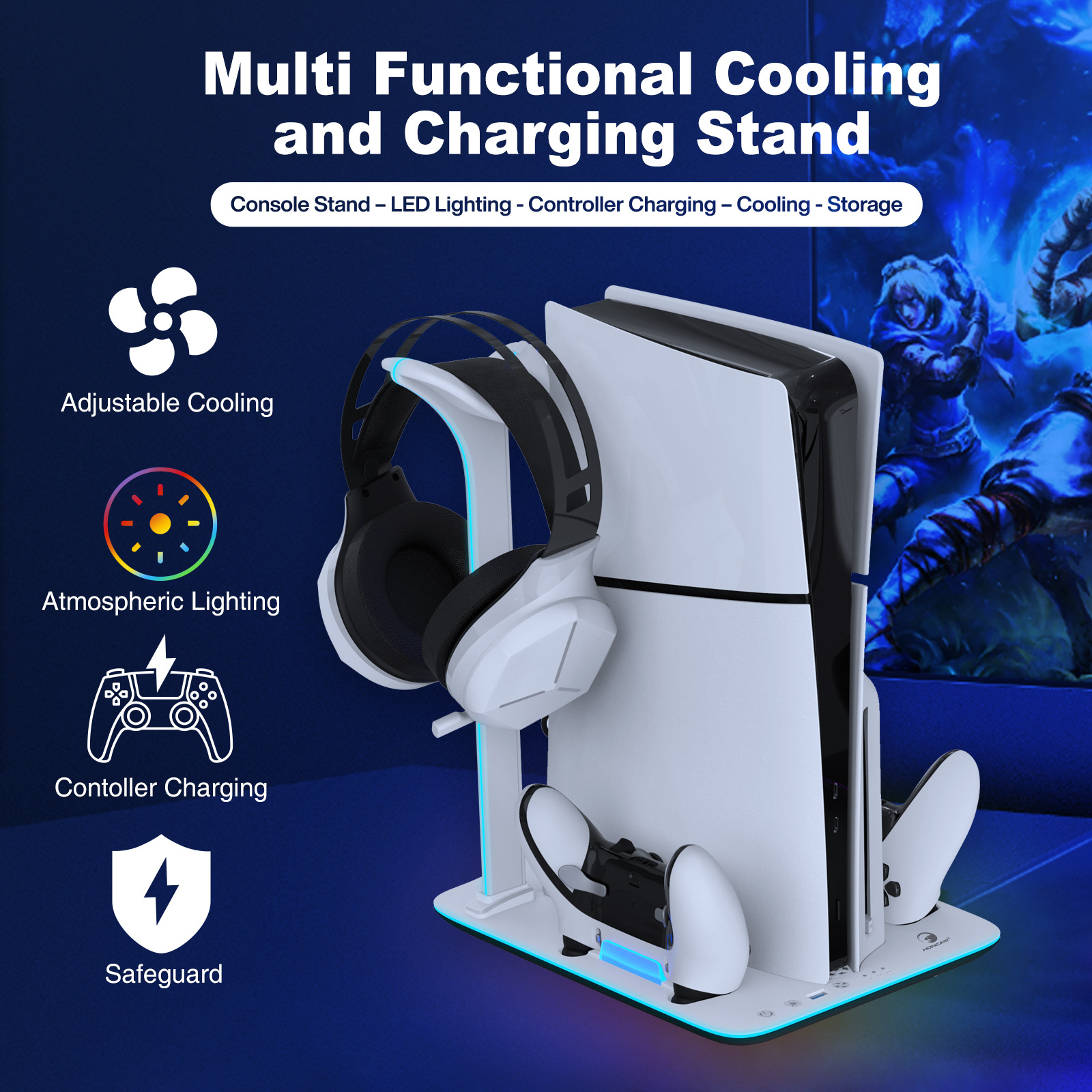 PS5 Slim ultra-thin base radiator P5 game handle charger + disc headset storage rack RGB headlamp