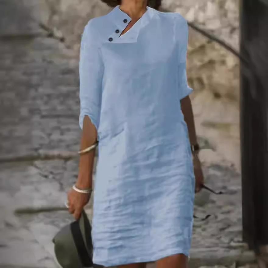 2024 Amazon independent station spring and summer new casual stand collar button cotton linen solid color half sleeve dress