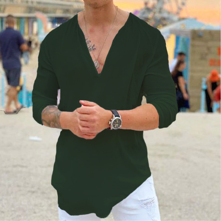 European and American Men's Amazon Independent Station New Fashion V-neck Casual Solid Color Men's Shirt 2023 Men's Solid Color Shirt