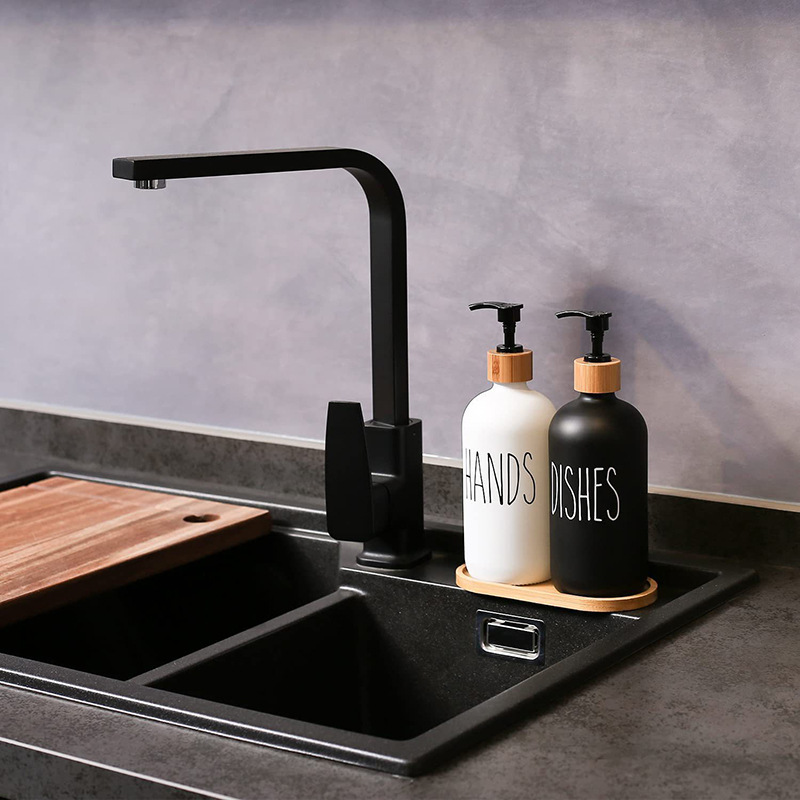 Custom Cross-border Amazon Body Soap Bamboo and Wood Pump Head Bottle Black and White Boston Brown Hand Soap Shampoo Bottle