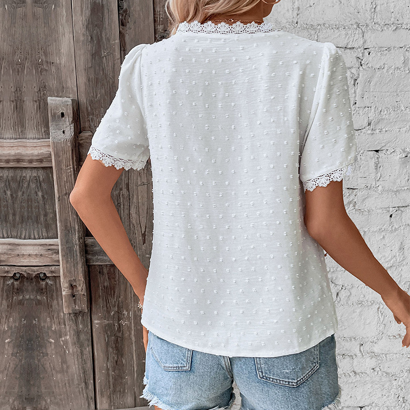 Amazon Independent Station Foreign Trade Top Summer Explosions Cross-border Women's Clothing European and American V-neck Solid Color Women's Lace Shirt